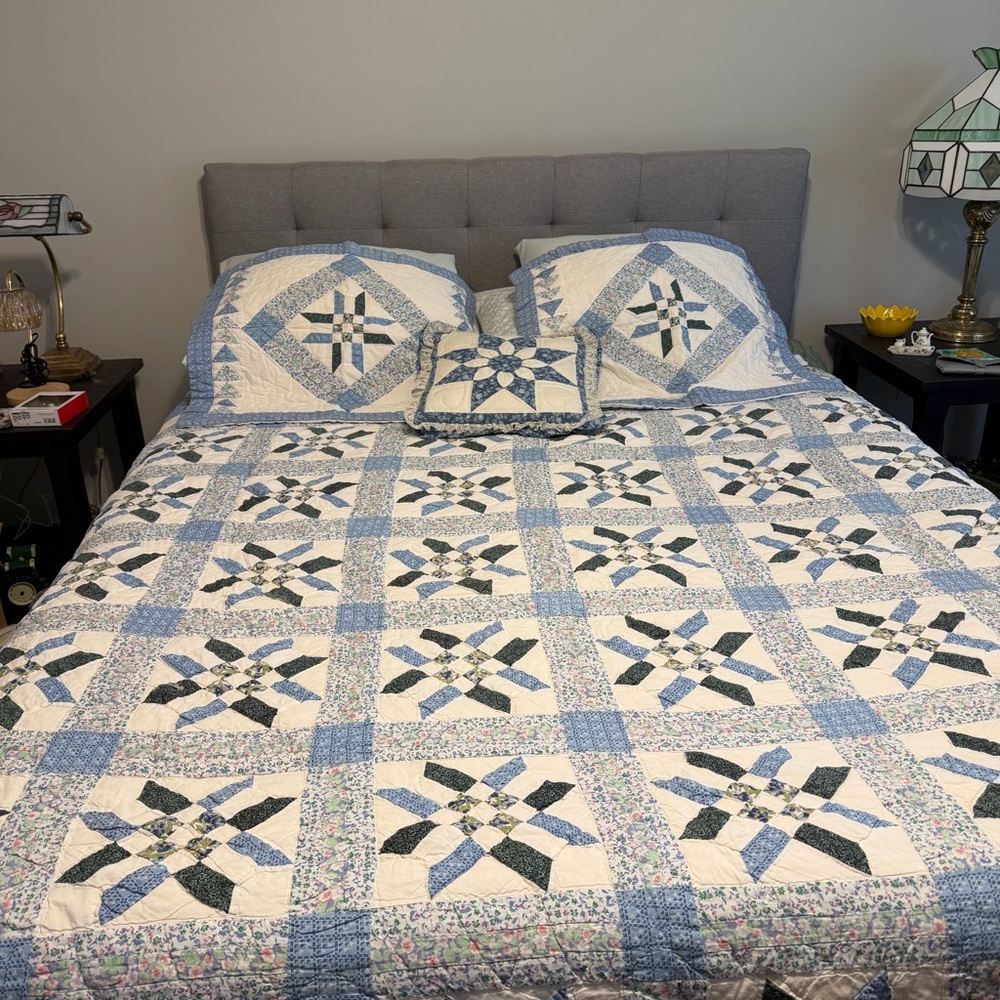 Vintage hand stitched quilt with two shams and throw  pillow